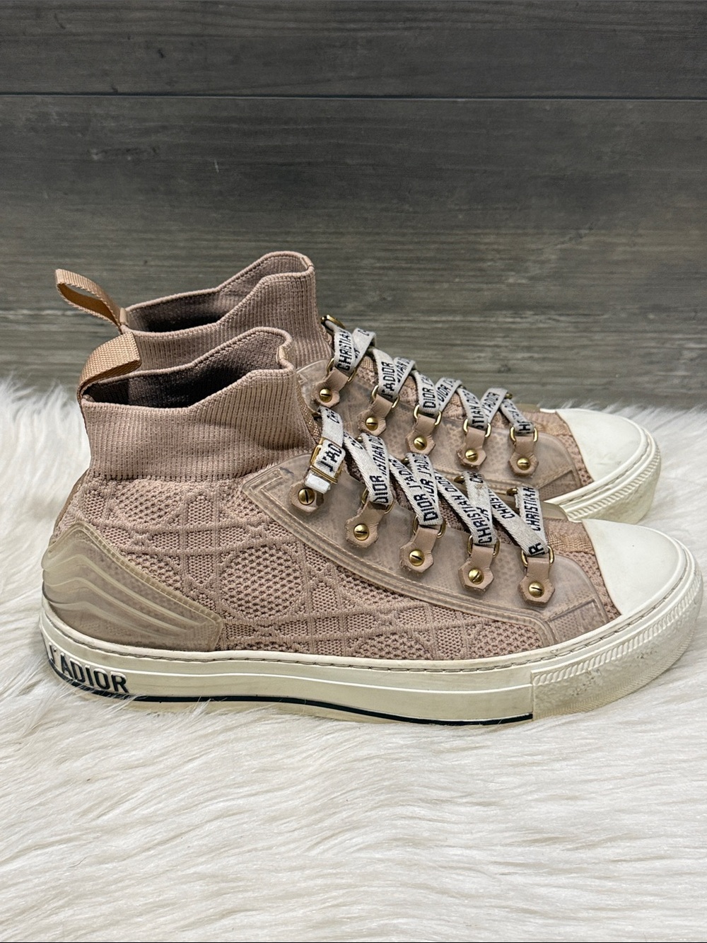 CHRISTIAN DIOR Walk’n’Dior Nude Cannage Knit High Top Sneakers J’Adior